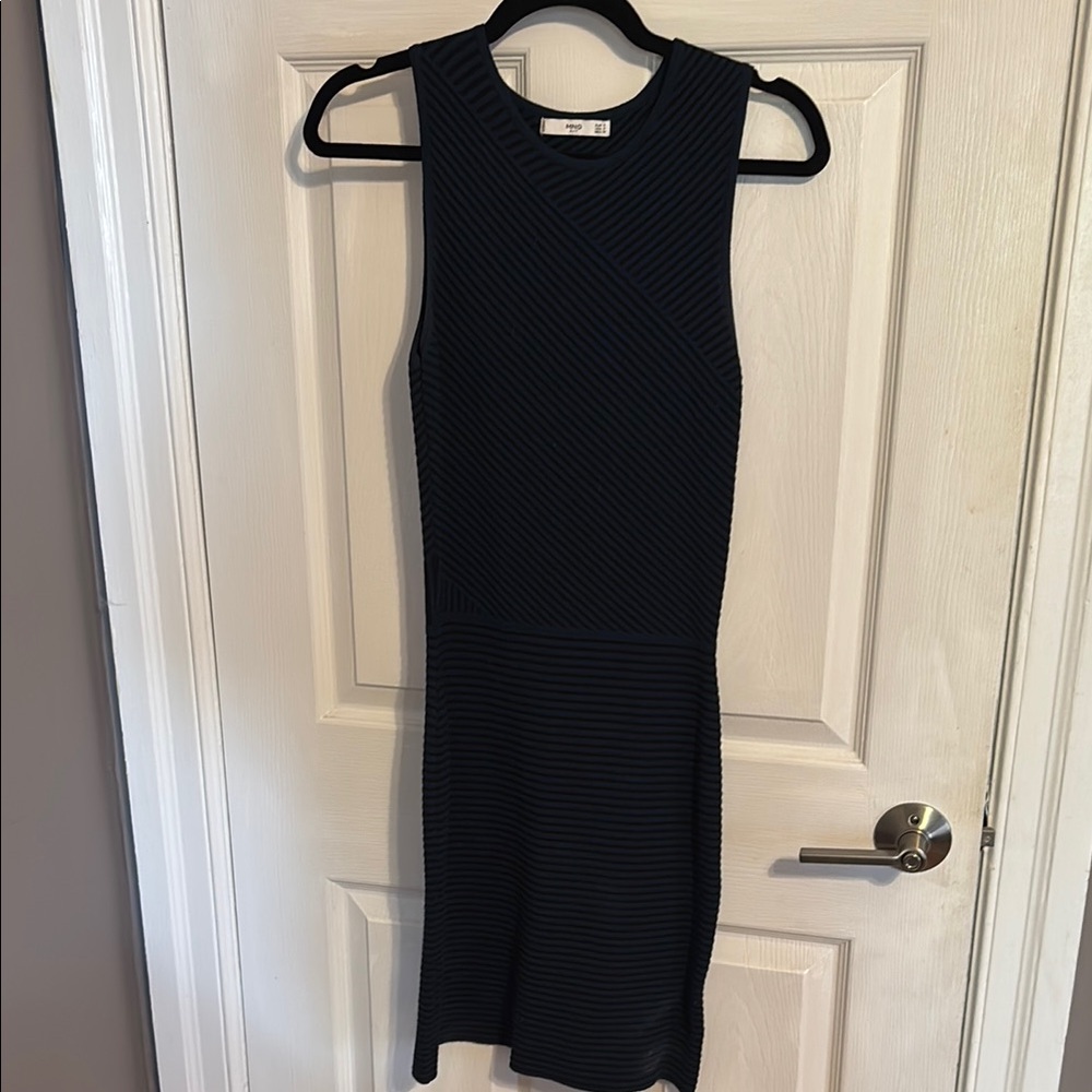 Mango Blue and Black Sheath Midi Dress Crew Neck